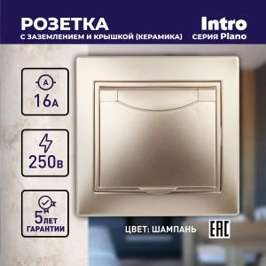 1-203-04 Intro Розетка 2P+E Schuko с крышкой, 16А-250В, IP20, СУ, Plano, шампань (10/100/1500)