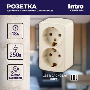 3-204-02 Intro Розетка 2х2P+E Schuko, 16А-250В, IP20, ОУ, Polo, сл.кость (12/240/2880)