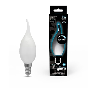 Лампа Gauss Filament Свеча на ветру 9W 610lm 4100К Е14 milky диммируемая LED 1/10/50