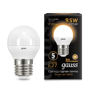 Лампа Gauss Шар 9.5W 890lm 3000K E27 LED 1/10/100