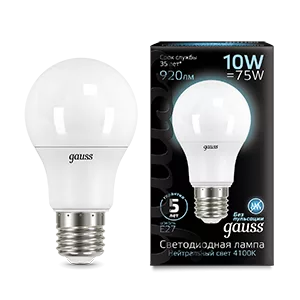 Лампа Gauss A60 10W 920lm 4100K E27 LED 1/10/50