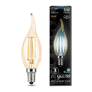 Лампа Gauss Filament Свеча на ветру 5W 420lm 4100К Е14 golden LED 1/10/50