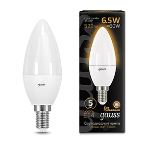 Лампа Gauss Свеча 6.5W 520lm 3000К E14 LED 1/10/100