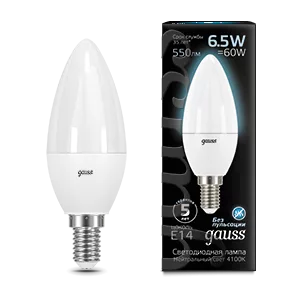 Лампа Gauss Свеча 6.5W 550lm 4100К E14 LED 1/10/100