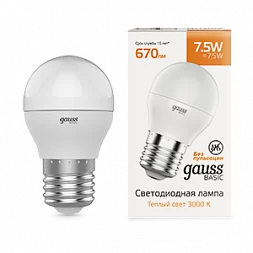 Упаковка 10 штук Лампа Gauss Basic Шар 7,5W 670lm 3000K E27 LED 1/10/100