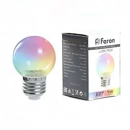 Лампа светодиодная Feron LB-37 Шарик прозрачный E27 1W RGB быстрая смена цвета